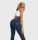 WRUP Denim With Front Pockets - Super High Waisted - 7/8 Length - Dark Blue + Blue Stitching