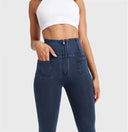 WRUP Denim With Front Pockets - Super High Waisted - 7/8 Length - Dark Blue + Blue Stitching