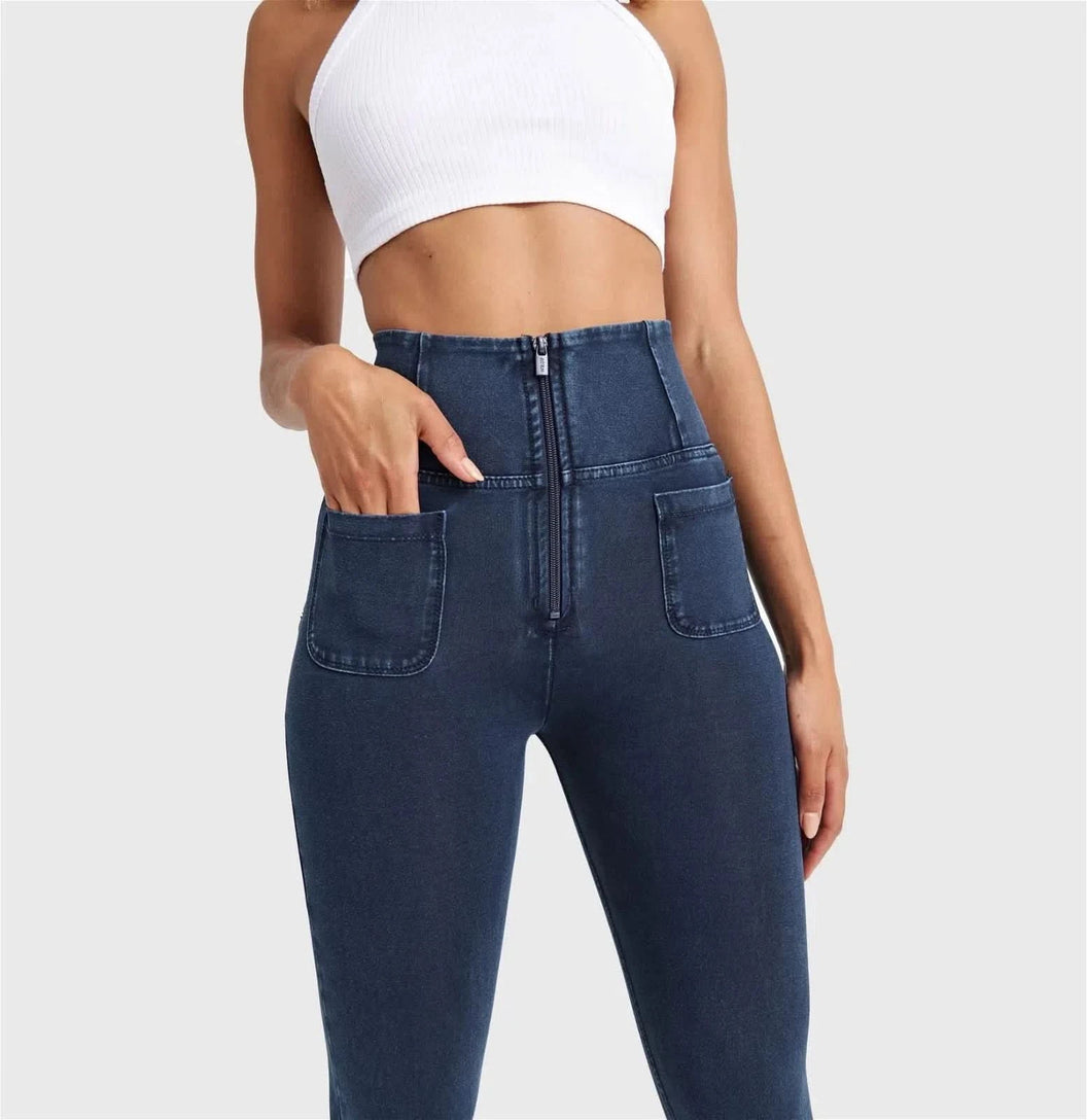 WRUP Denim With Front Pockets - Super High Waisted - 7/8 Length - Dark Blue + Blue Stitching