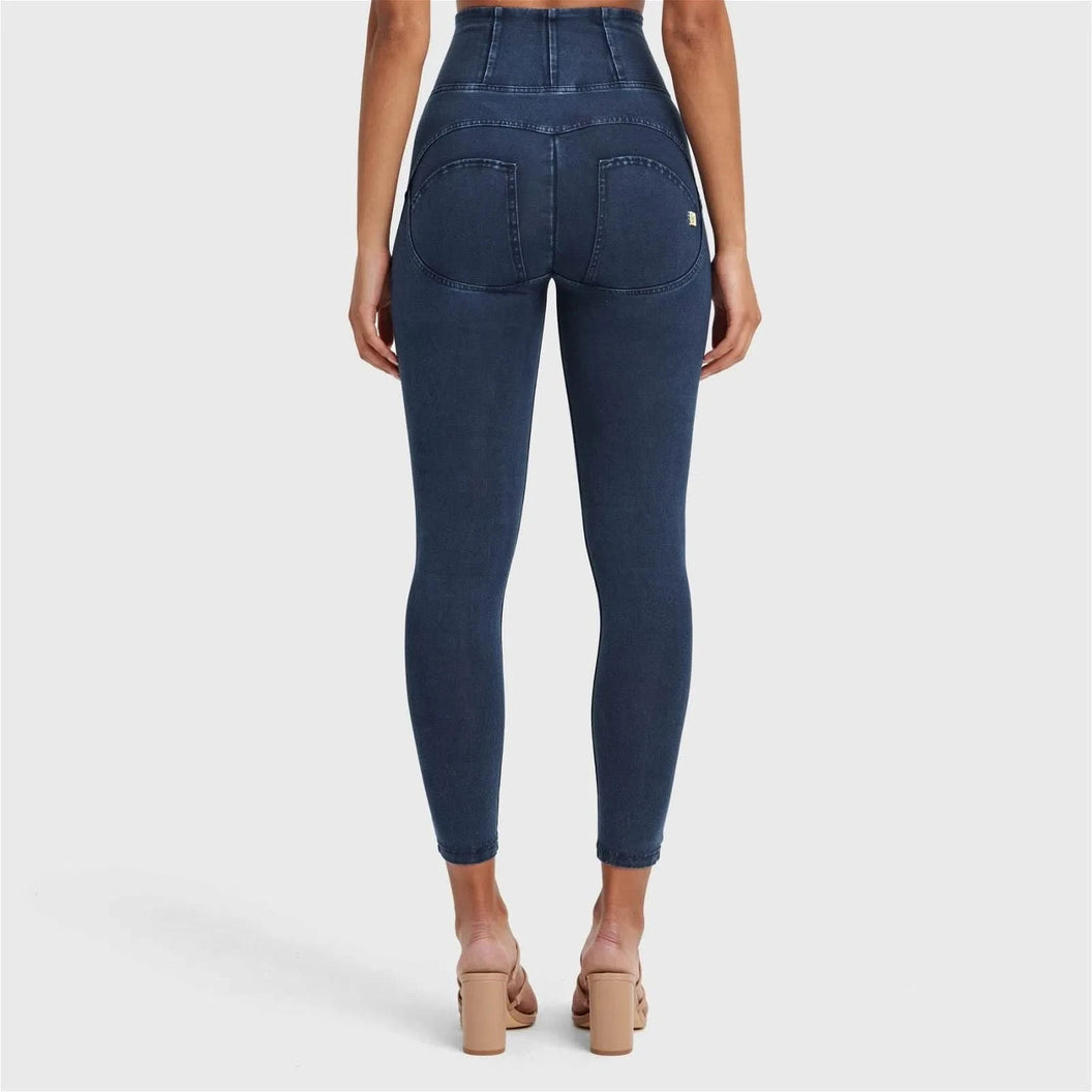 WRUP Denim With Front Pockets - Super High Waisted - 7/8 Length - Dark Blue + Blue Stitching