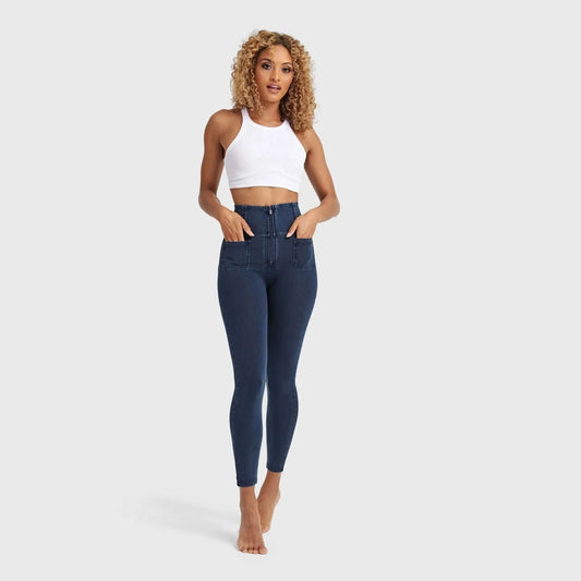WRUP Denim With Front Pockets - Super High Waisted - 7/8 Length - Dark Blue + Blue Stitching