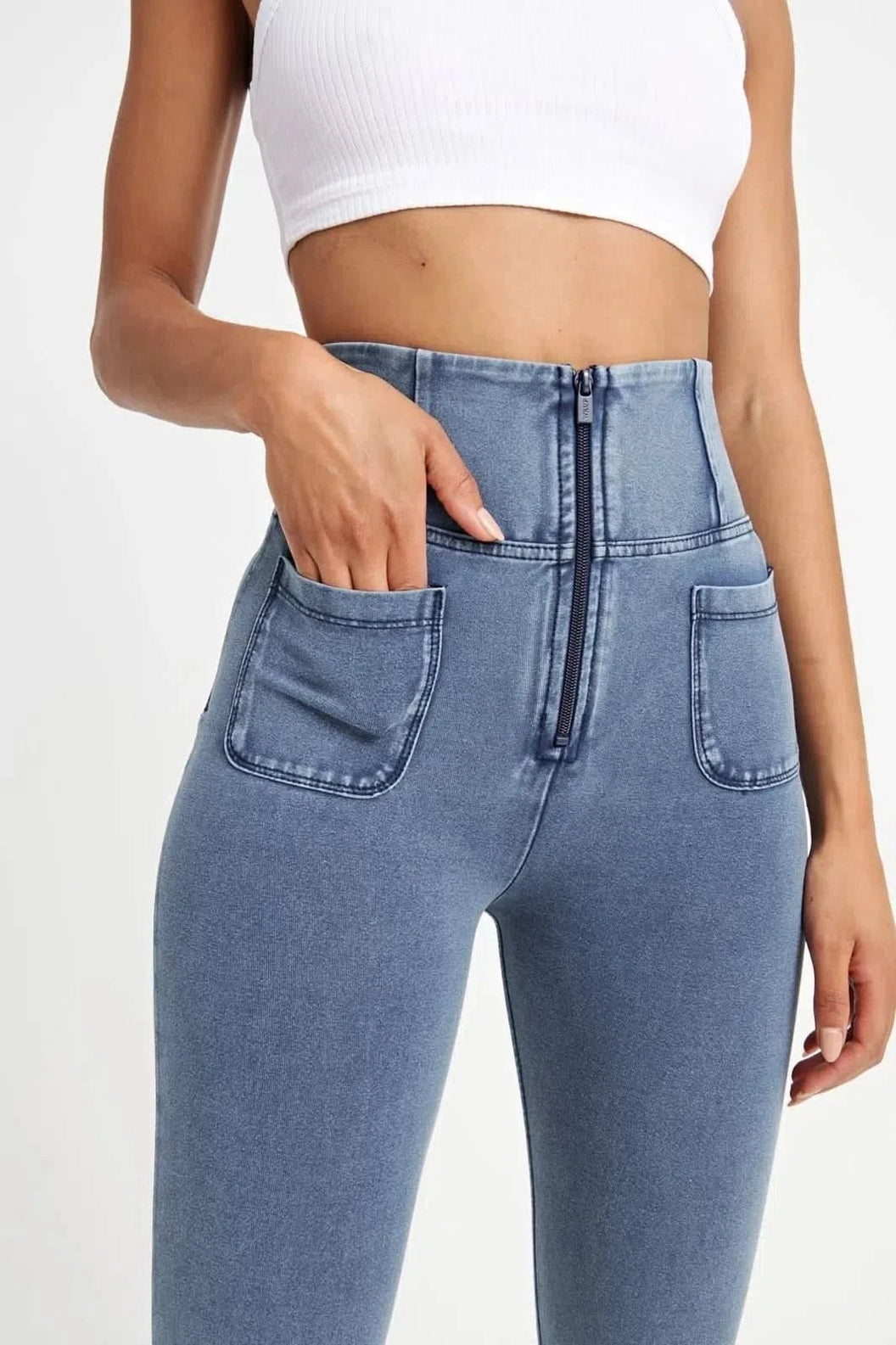 WRUP Denim With Front Pockets - Super High Waisted - 7/8 Length - Light Blue + Blue Stitching