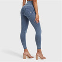 WRUP Denim With Front Pockets - Super High Waisted - 7/8 Length - Light Blue + Blue Stitching