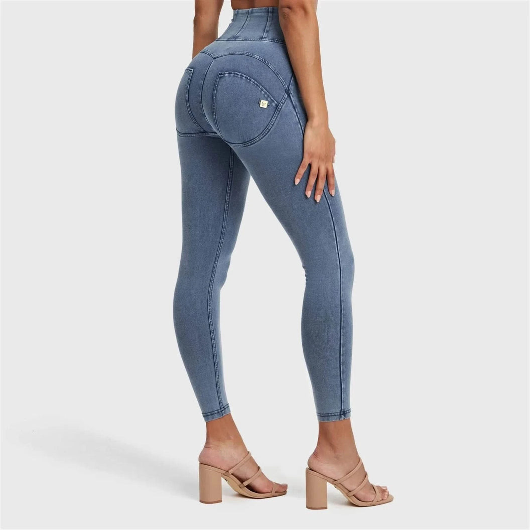 WRUP Denim With Front Pockets - Super High Waisted - 7/8 Length - Light Blue + Blue Stitching