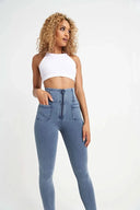 WRUP Denim With Front Pockets - Super High Waisted - 7/8 Length - Light Blue + Blue Stitching