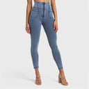 WRUP Denim With Front Pockets - Super High Waisted - 7/8 Length - Light Blue + Blue Stitching