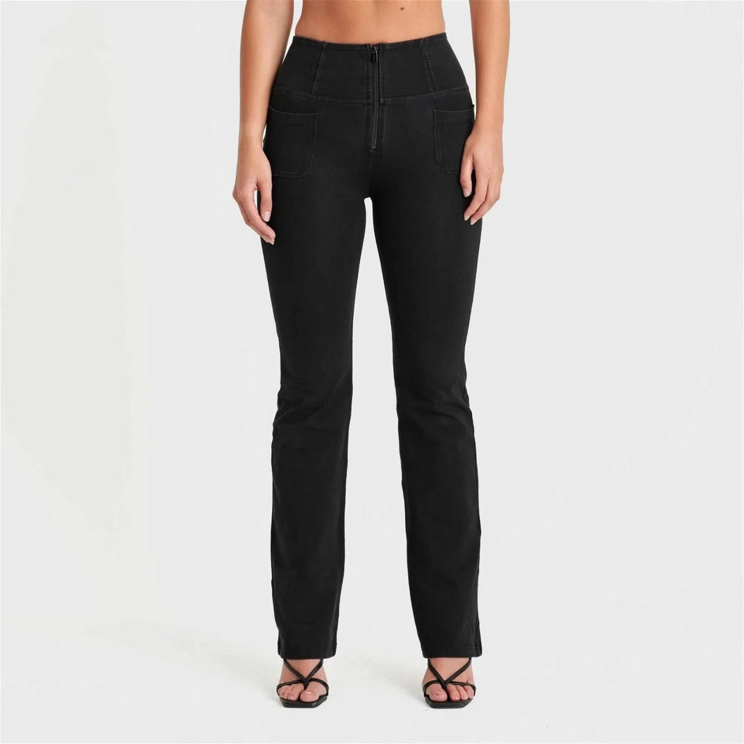 WRUP Denim with Front Pockets - Super High Waisted - Flare - Black + Black Stitching