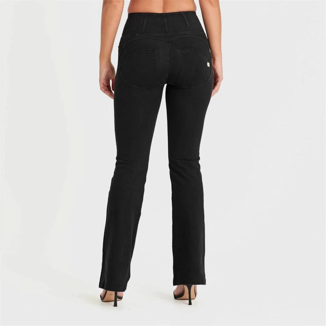 WRUP Denim with Front Pockets - Super High Waisted - Flare - Black + Black Stitching