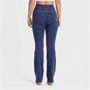 WRUP Denim with Front Pockets - Super High Waisted - Flare - Dark Blue + Yellow Stitching