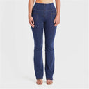 WRUP Denim with Front Pockets - Super High Waisted - Flare - Dark Blue + Yellow Stitching