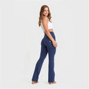 WRUP Denim with Front Pockets - Super High Waisted - Flare - Dark Blue + Yellow Stitching