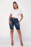 WRUP Distressed Denim - High Waisted - Biker Shorts - Dark Blue + Yellow Stitching
