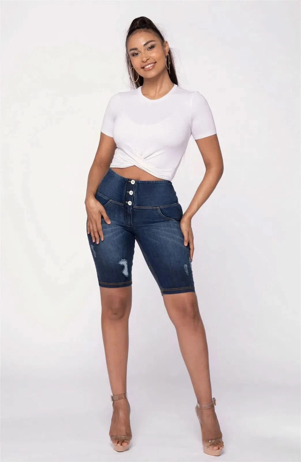 WRUP Distressed Denim - High Waisted - Biker Shorts - Dark Blue + Yellow Stitching