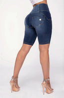 WRUP Distressed Denim - High Waisted - Biker Shorts - Dark Blue + Yellow Stitching