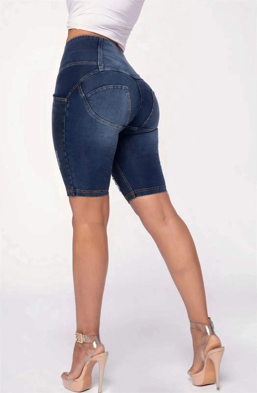 WRUP Distressed Denim - High Waisted - Biker Shorts - Dark Blue + Yellow Stitching