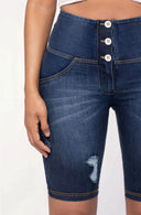 WRUP Distressed Denim - High Waisted - Biker Shorts - Dark Blue + Yellow Stitching
