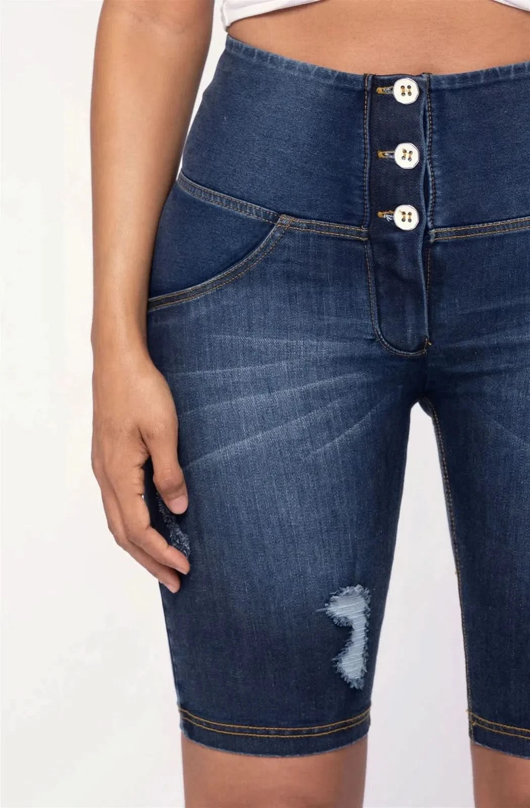 WRUP Distressed Denim - High Waisted - Biker Shorts - Dark Blue + Yellow Stitching