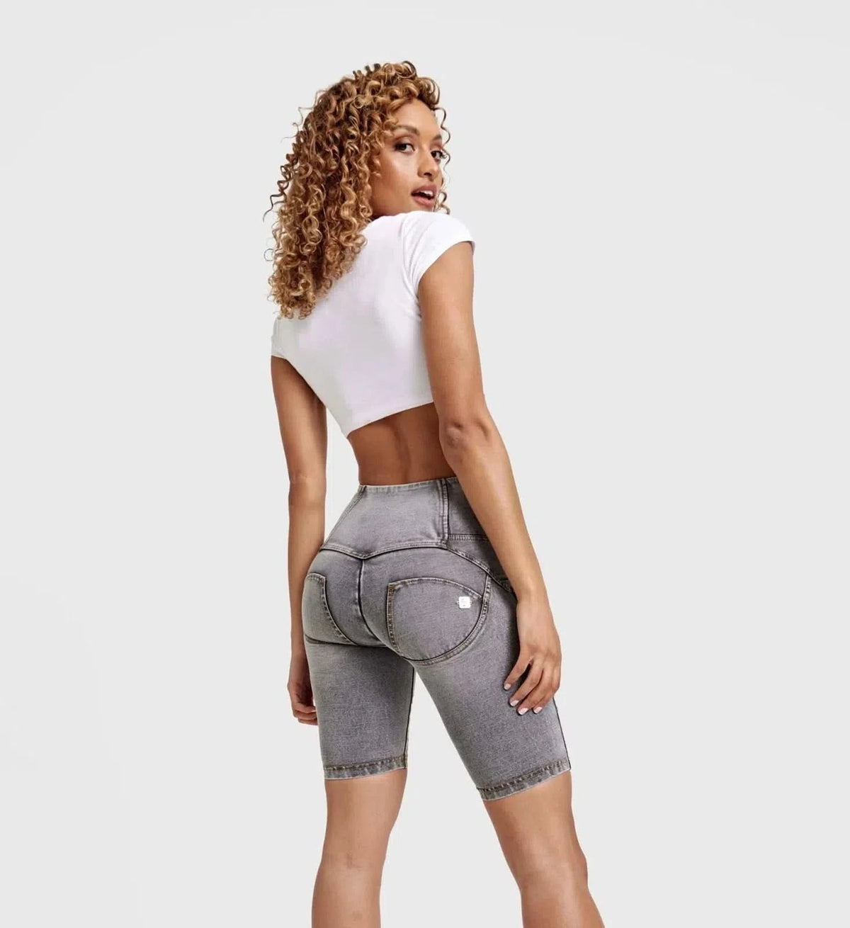Grey Yellow Stitching High Waisted Biker Shorts WRUP Distressed
