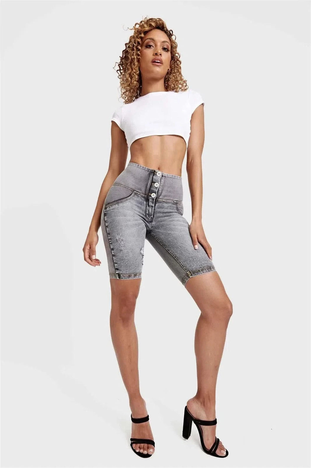 WRUP Distressed Denim - High Waisted - Biker Shorts - Grey + Yellow Stitching