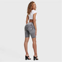 WRUP Distressed Denim - High Waisted - Biker Shorts - Grey + Yellow Stitching