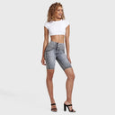 WRUP Distressed Denim - High Waisted - Biker Shorts - Grey + Yellow Stitching