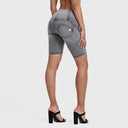 WRUP Distressed Denim - High Waisted - Biker Shorts - Grey + Yellow Stitching