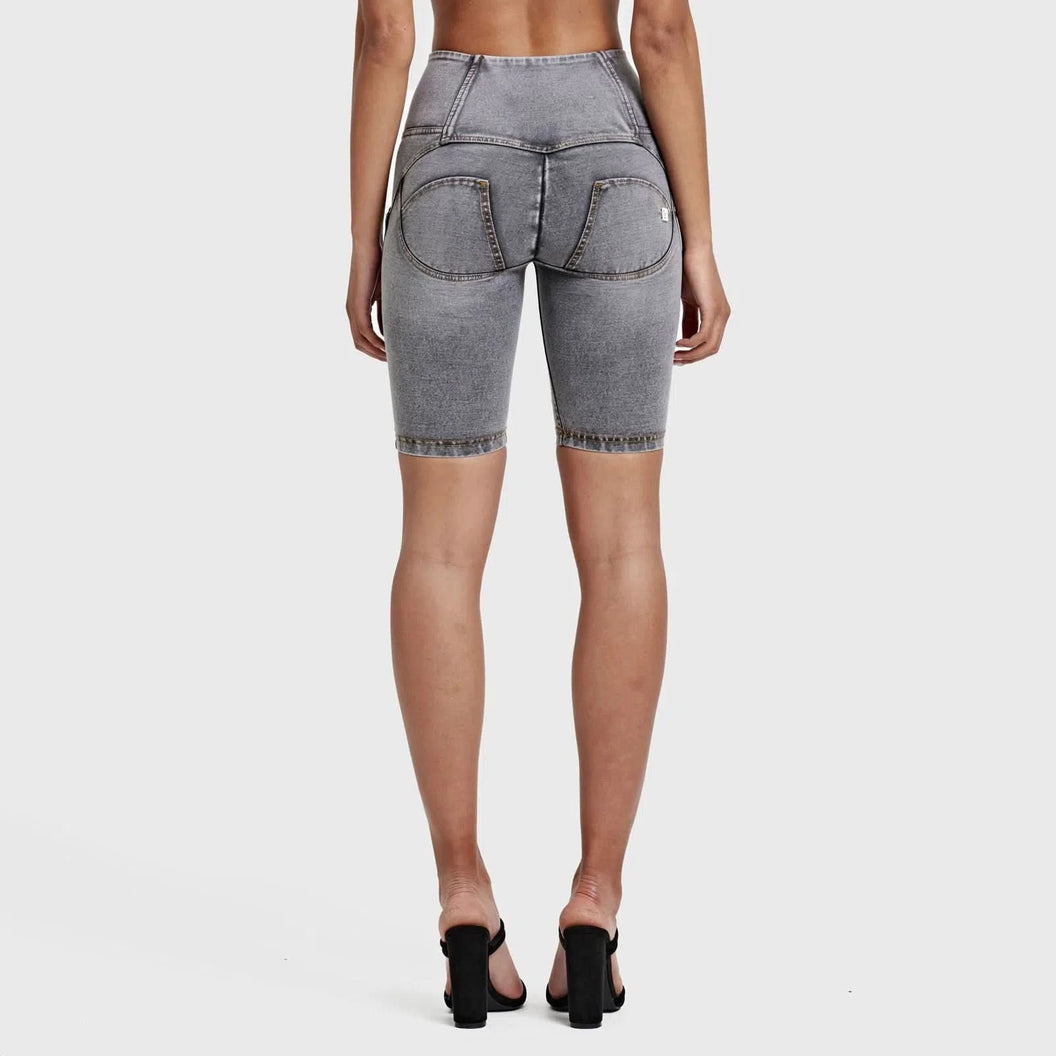 WRUP Distressed Denim - High Waisted - Biker Shorts - Grey + Yellow Stitching