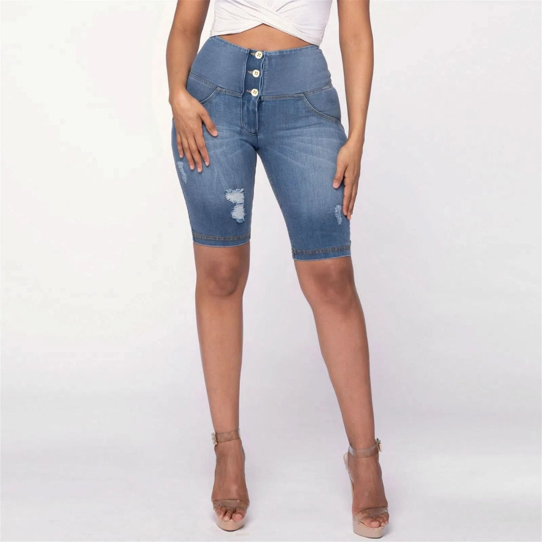 WRUP Distressed Denim - High Waisted - Biker Shorts - Light Blue + Yellow Stitching