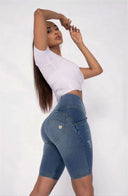 WRUP Distressed Denim - High Waisted - Biker Shorts - Light Blue + Yellow Stitching