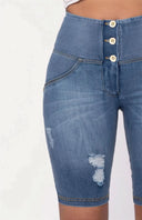 WRUP Distressed Denim - High Waisted - Biker Shorts - Light Blue + Yellow Stitching