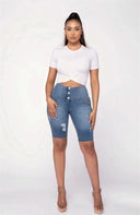 WRUP Distressed Denim - High Waisted - Biker Shorts - Light Blue + Yellow Stitching