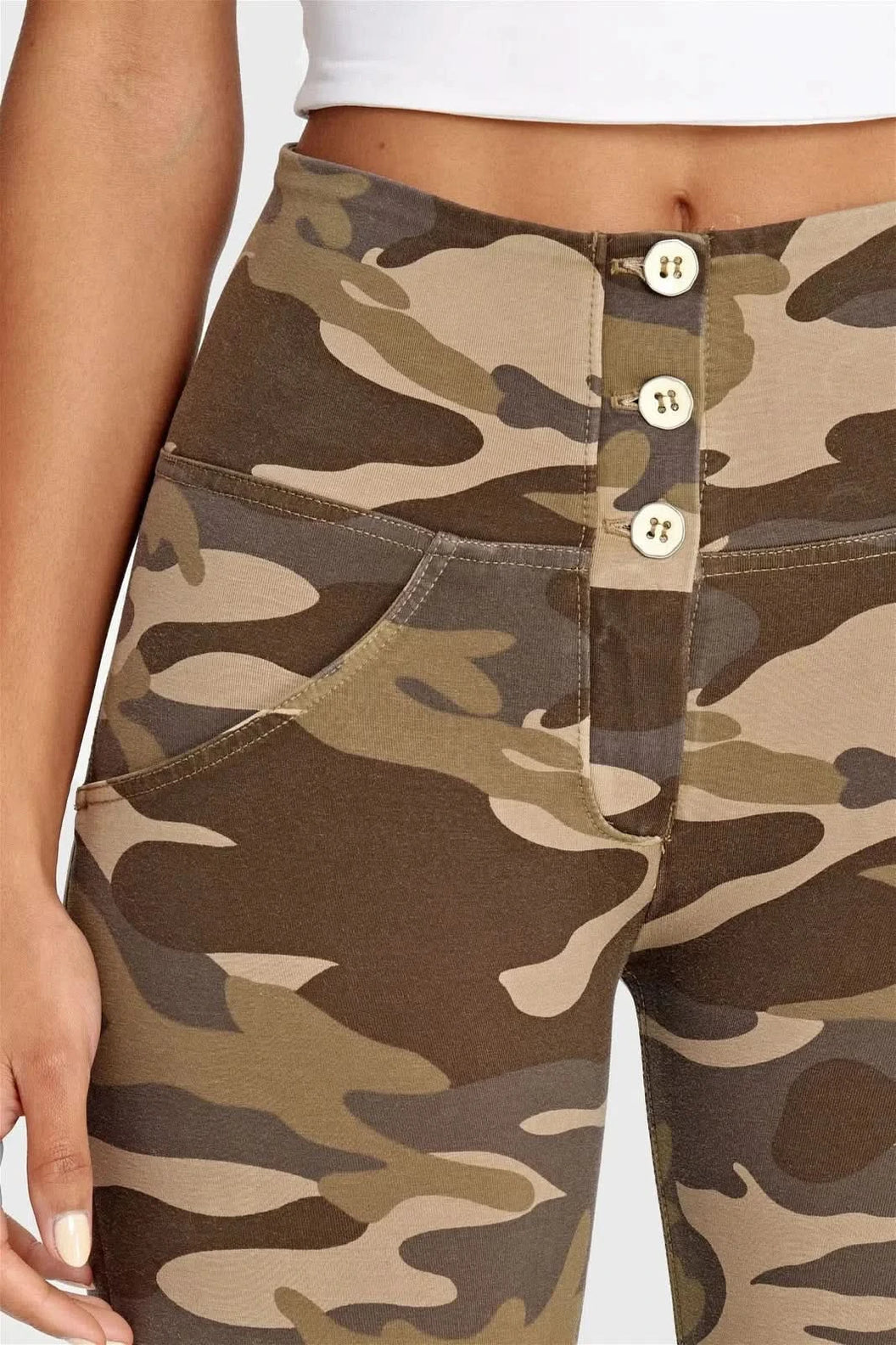 WRUP Fashion 3 Button - High Waisted - 7/8 Length - Brown Camo