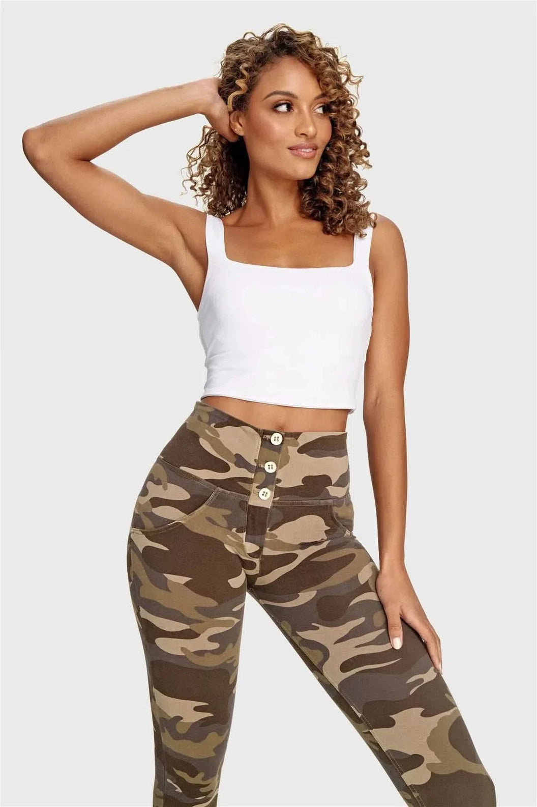 WRUP Fashion 3 Button - High Waisted - 7/8 Length - Brown Camo