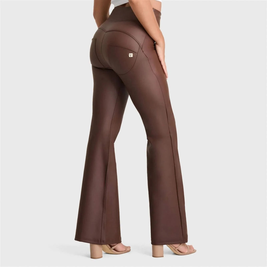 Chocolate Super High Waisted Super Flare WRUP Faux Leather Pants - Main Image