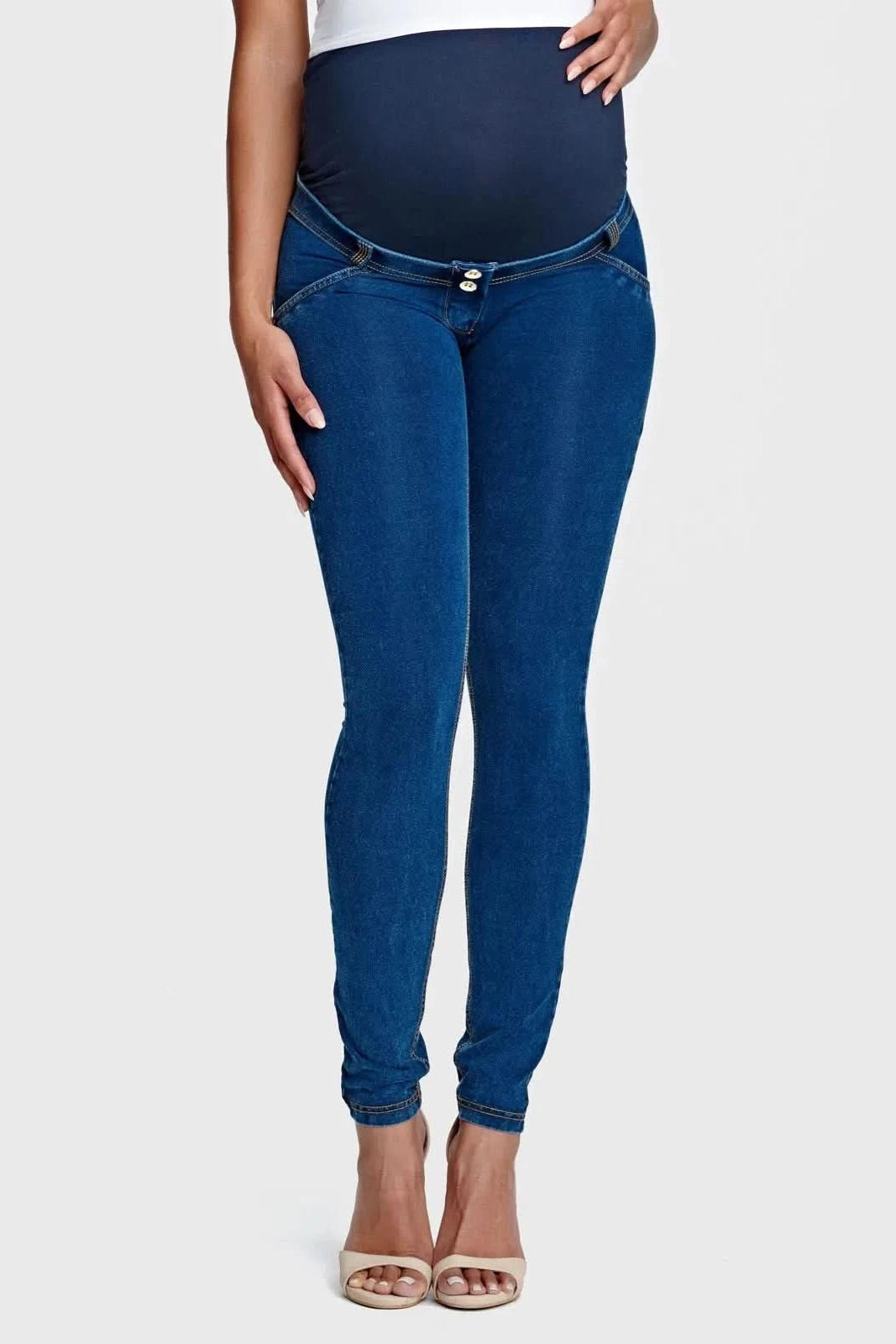WRUP Maternity Denim - Full Length - Dark Blue + Yellow Stitching 2