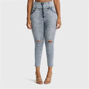 WRUP SNUG Curvy Ripped Jeans - High Waisted - 7/8 Length - Blue Stonewash + Yellow Stitching