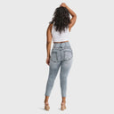 WRUP SNUG Curvy Ripped Jeans - High Waisted - 7/8 Length - Blue Stonewash + Yellow Stitching