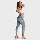 WRUP SNUG Curvy Ripped Jeans - High Waisted - 7/8 Length - Blue Stonewash + Yellow Stitching