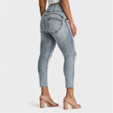 WRUP SNUG Curvy Ripped Jeans - High Waisted - 7/8 Length - Blue Stonewash + Yellow Stitching