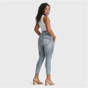 WRUP SNUG Curvy Ripped Jeans - High Waisted - 7/8 Length - Blue Stonewash + Yellow Stitching