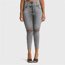 WRUP SNUG Curvy Ripped Jeans - High Waisted - 7/8 Length - Grey Stonewash + Grey Stitching