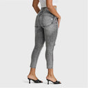 WRUP SNUG Curvy Ripped Jeans - High Waisted - 7/8 Length - Grey Stonewash + Grey Stitching