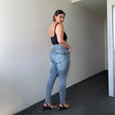 WRUP SNUG Curvy Ripped Jeans - High Waisted - Full Length - Blue Stonewash + Yellow Stitching