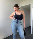 WRUP SNUG Curvy Ripped Jeans - High Waisted - Full Length - Blue Stonewash + Yellow Stitching