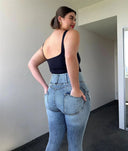 WRUP SNUG Curvy Ripped Jeans - High Waisted - Full Length - Blue Stonewash + Yellow Stitching