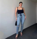 WRUP SNUG Curvy Ripped Jeans - High Waisted - Full Length - Blue Stonewash + Yellow Stitching