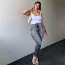 WRUP SNUG Curvy Ripped Jeans - High Waisted - Full Length - Grey Stonewash + Grey Stitching