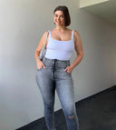 WRUP SNUG Curvy Ripped Jeans - High Waisted - Full Length - Grey Stonewash + Grey Stitching