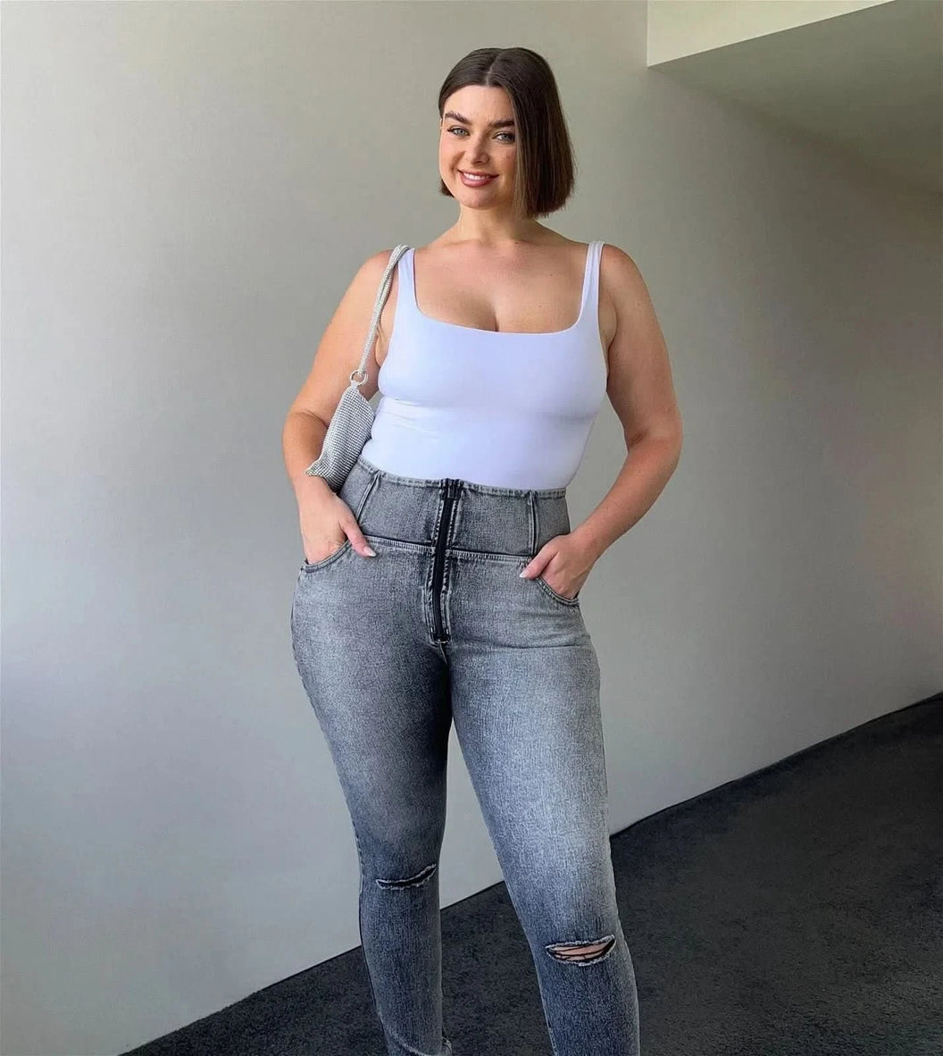 WRUP SNUG Curvy Ripped Jeans - High Waisted - Full Length - Grey Stonewash + Grey Stitching