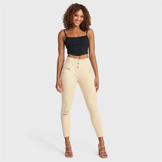 WRUP SNUG Distressed Jeans - High Waisted - 7/8 Length - Beige